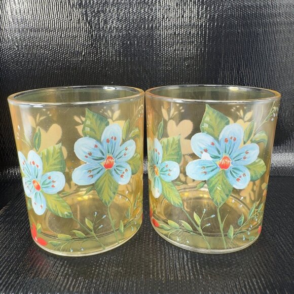 Ana Davis Yellow Floral Pattern Glass Tumbler Set 2 Glasses Cups Barware Cups - Picture 1 of 11